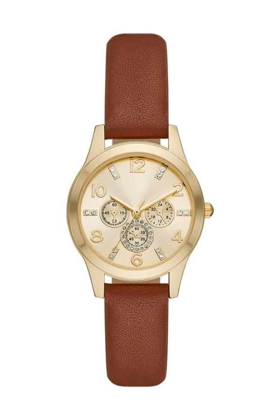 Women's Analog Wristwatch; Gold Tone Round Case, Gold 3-Eye Dial with Crystal Accents, Cognac Faux Leather Strap (FMDOTT082)