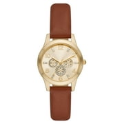 Time and Tru Womens Analog Wristwatch; Gold Tone Round Case, Gold 3-Eye Dial with Crystal Accents, Cognac Faux Leather Strap FMDOTT082