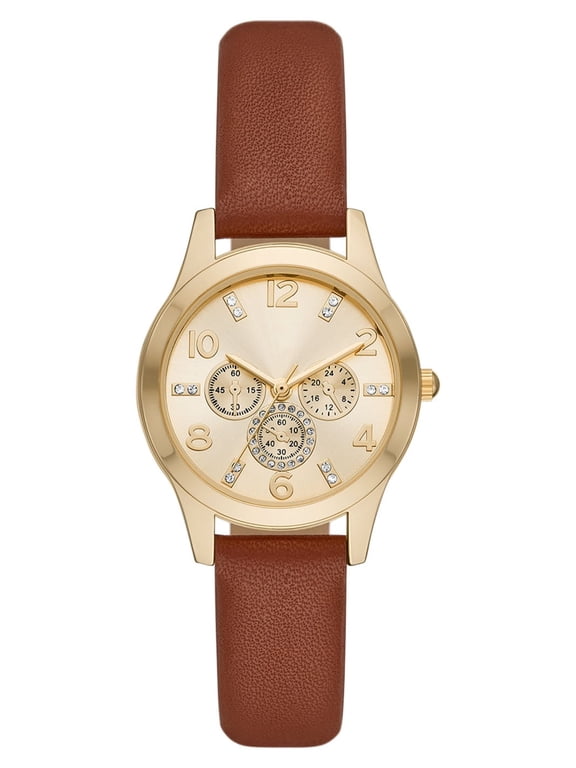 Women's Analog Wristwatch; Gold Tone Round Case, Gold 3-Eye Dial with Crystal Accents, Cognac Faux Leather Strap (FMDOTT082)