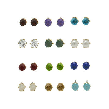 Time and Tru Women's Gold-Tone Imitation Birthstone Stud Earring Set, 12-Piece