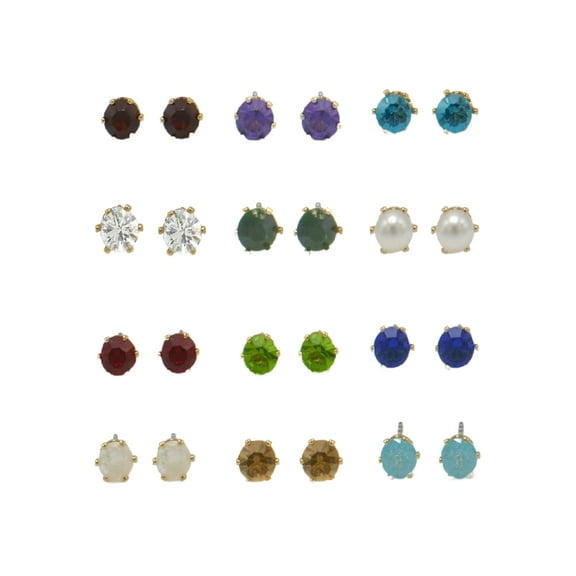Time and Tru Women's Gold-Tone Imitation Birthstone Stud Earring Set, 12-Piece