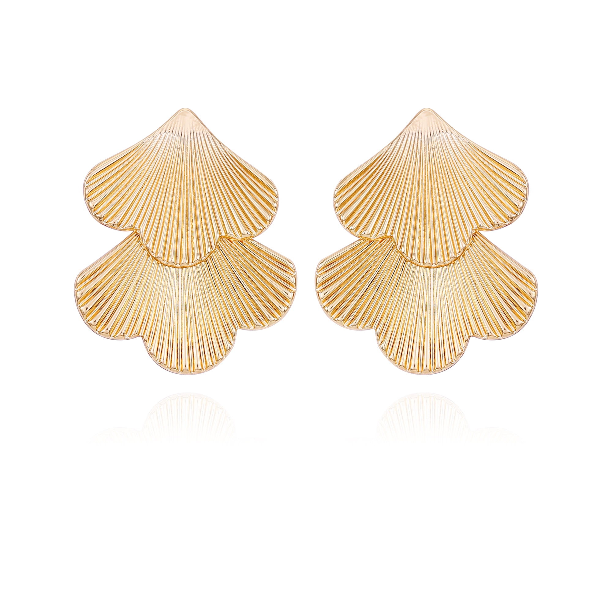Time and Tru Women's Gold Tone Modern Textured Double Fan Art Deco Style Casting Drop Post Earring