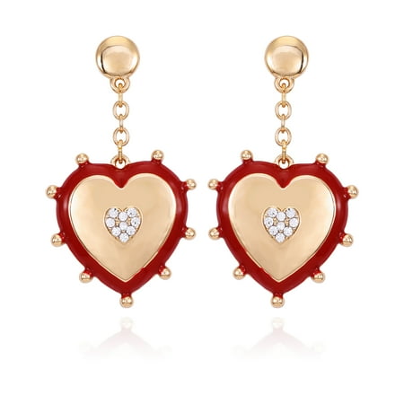 Time and Tru Women's Gold Tone Red Edge Heart Drop Earring and Crystal Stone Heart Center