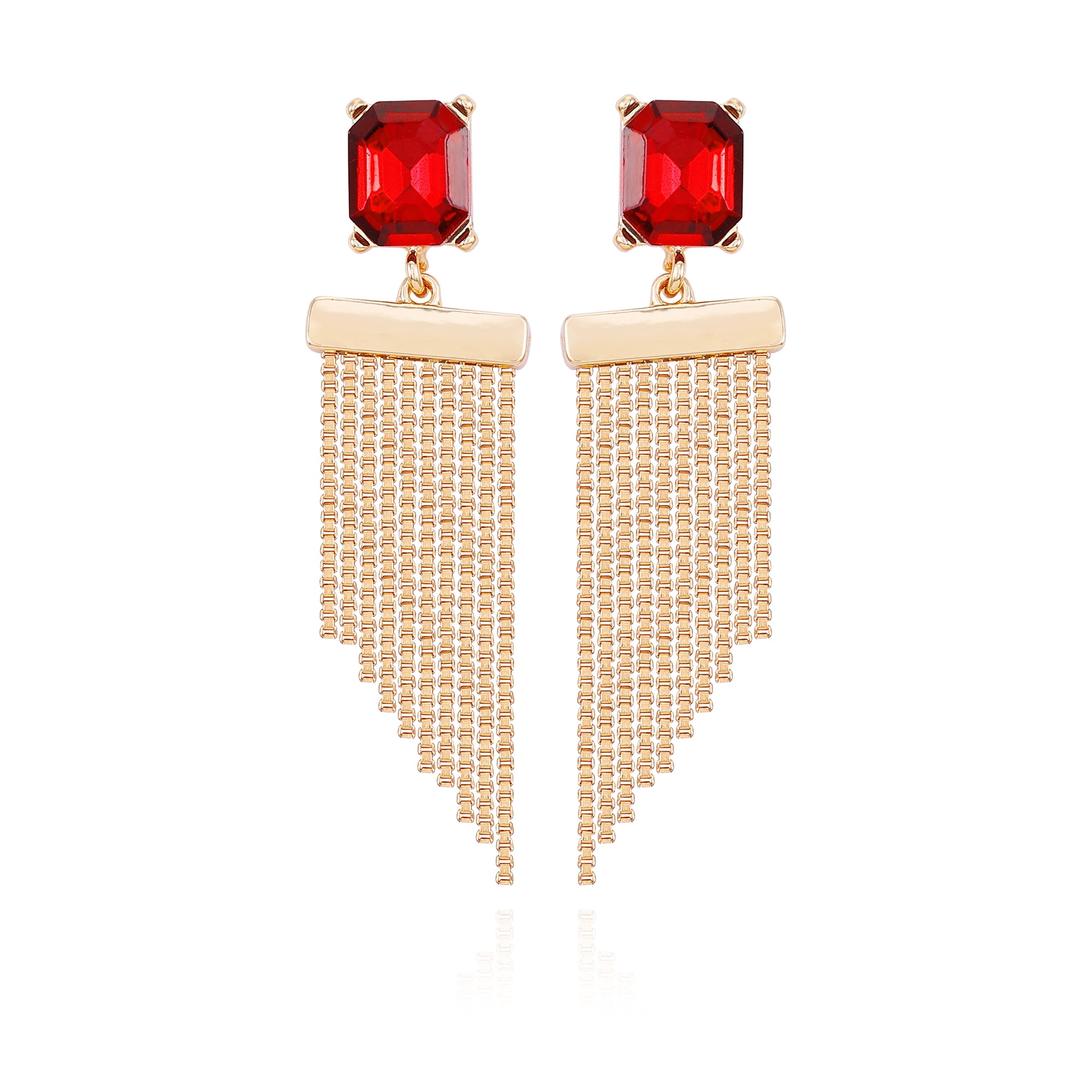 Time and Tru Women's Gold Tone Statement Earring with Garnet Rectangle Stone Post and Fringe Drop