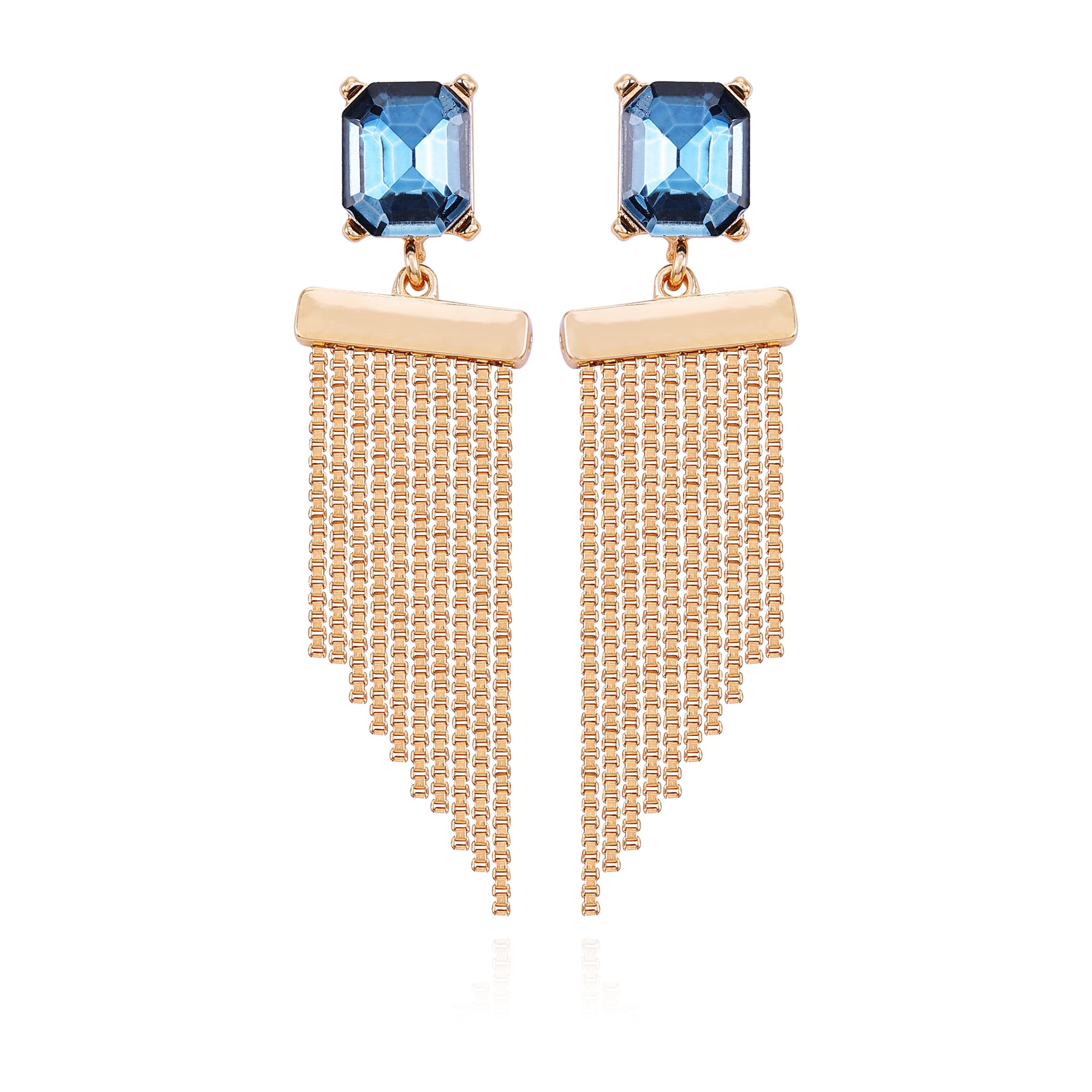 TIME AND TRU Women's Gold Tone Statement Earring with Montana Rectangle Stone Post and Fringe Drop