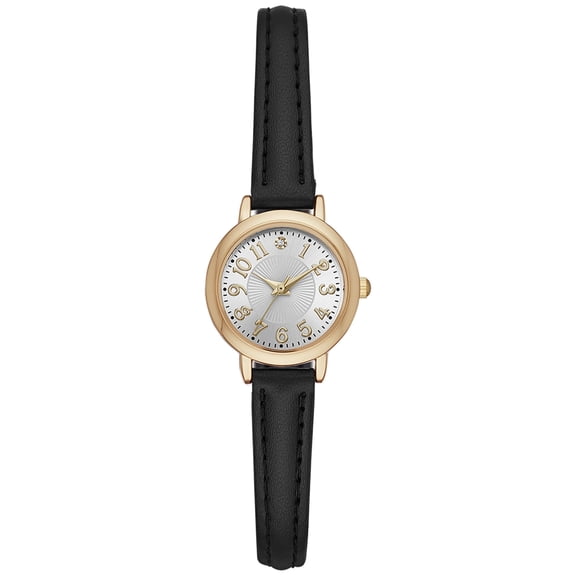 Time and Tru Women's Analog Wristwatch, Gold Tone Round Case, Silver Tone Easy Read Dial, Black Faux Leather Strap (FMDOTT022)