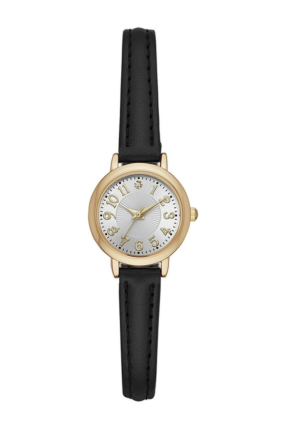 Women's Analog Wristwatch, Gold Tone Round Case, Silver Tone Easy Read Dial, Black Faux Leather Strap (FMDOTT022)