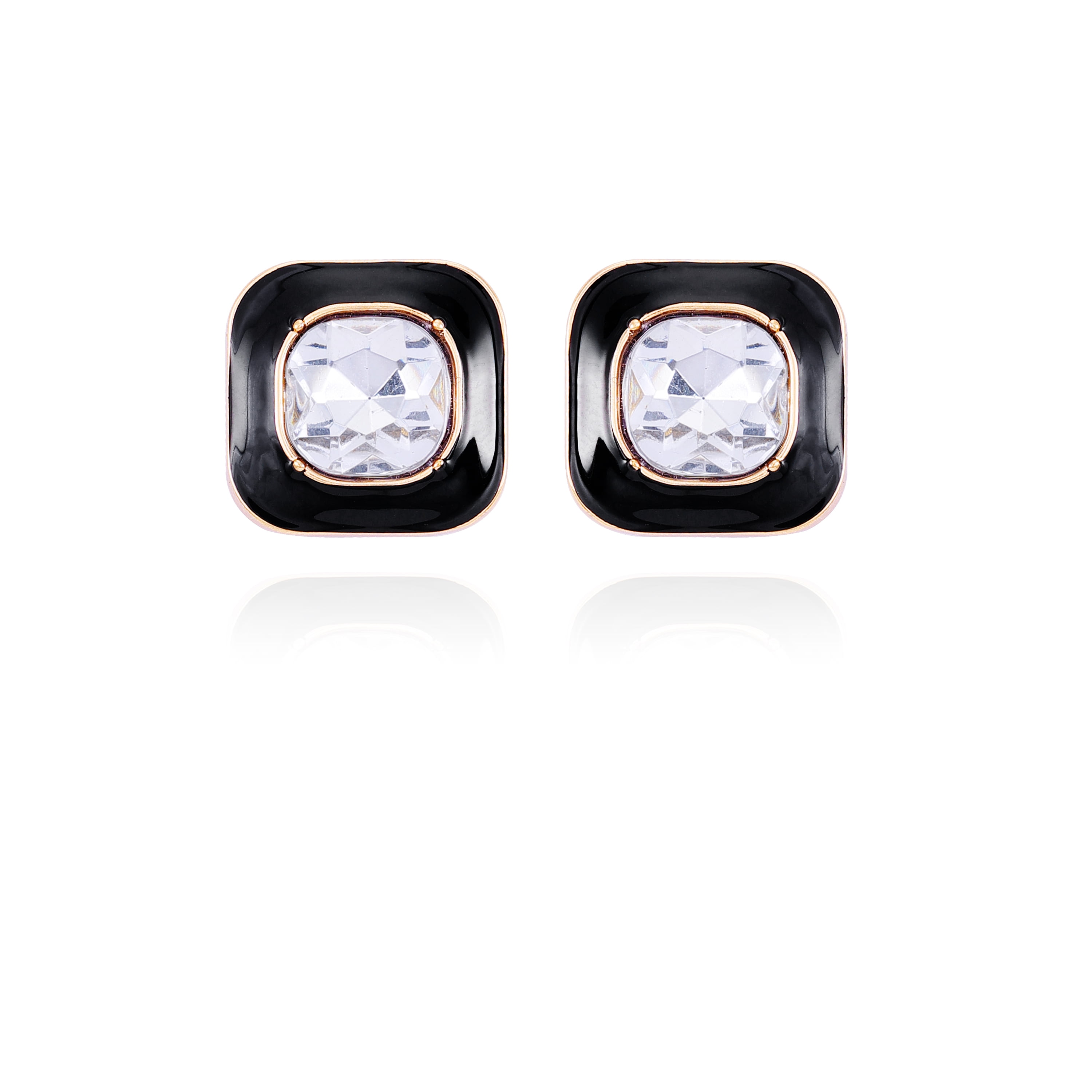 Time and Tru Women's Gold Tone and Jet Rounded Square Button Earring with Crystal Center Stone