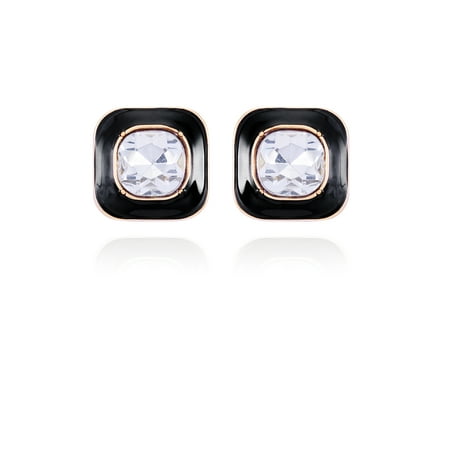 Time and Tru Women's Gold Tone and Jet Rounded Square Button Earring with Crystal Center Stone
