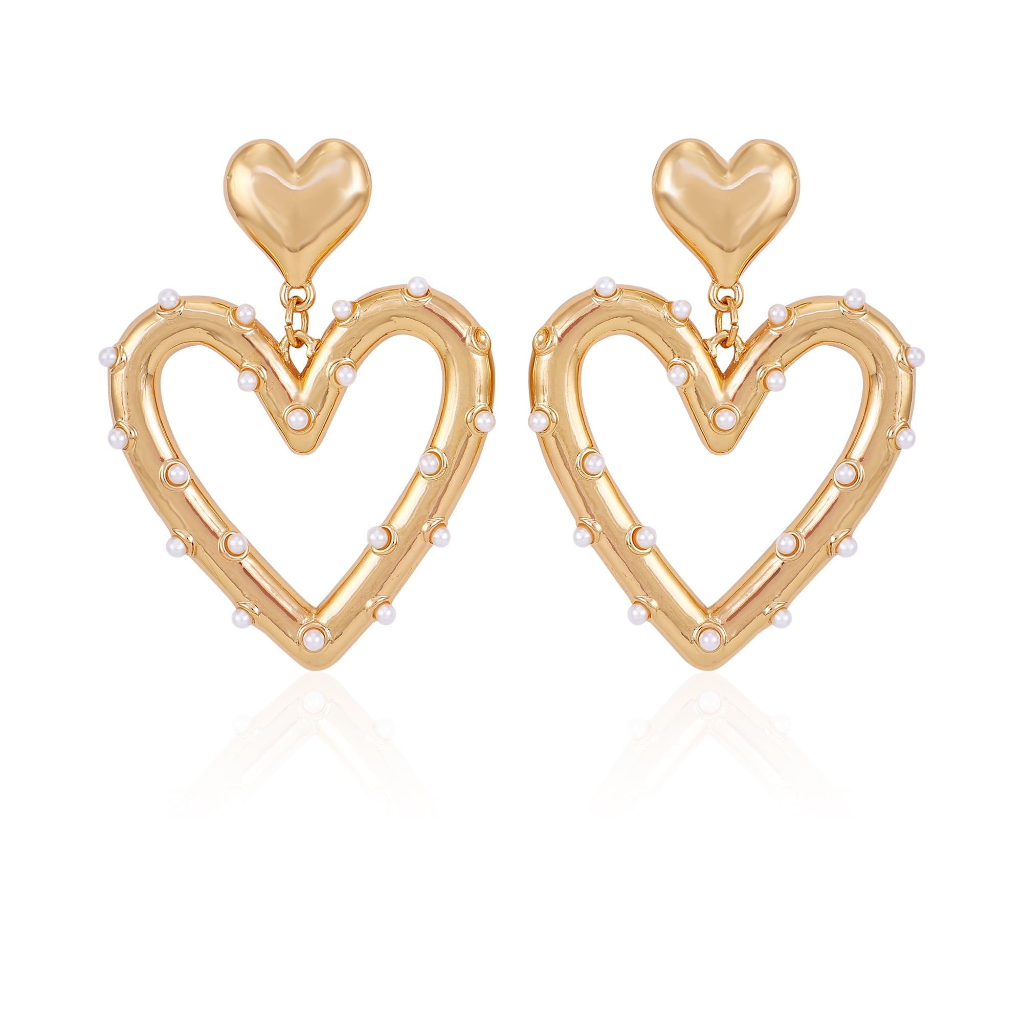 Time and Tru Women's Goldtone Open Heart Post Earrings With Pearl Stations
