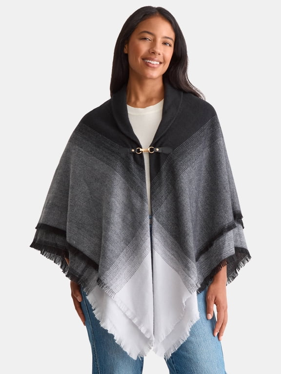 Women's Gradient Weave Toggle Poncho, Black Soot, Fashion Cover-Up, Seasonal Wear, Sizes s/m-l/xl