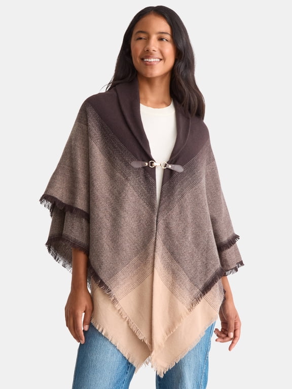 Women's Dark Brown Gradient Weave Toggle Poncho Cover-Up, Sizes Small to Extra Large