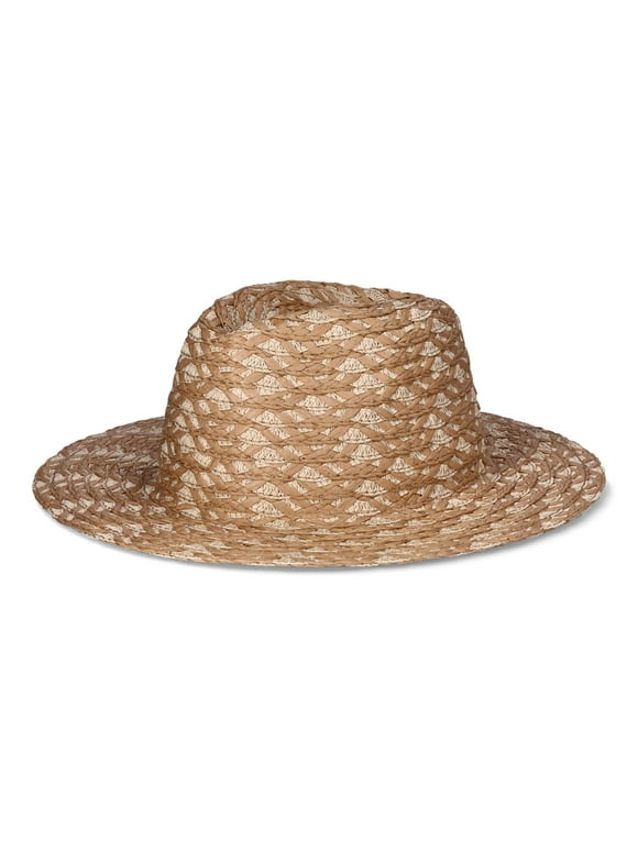 Time and Tru Women's Grecian Weave Straw Fedora Hat, Beige