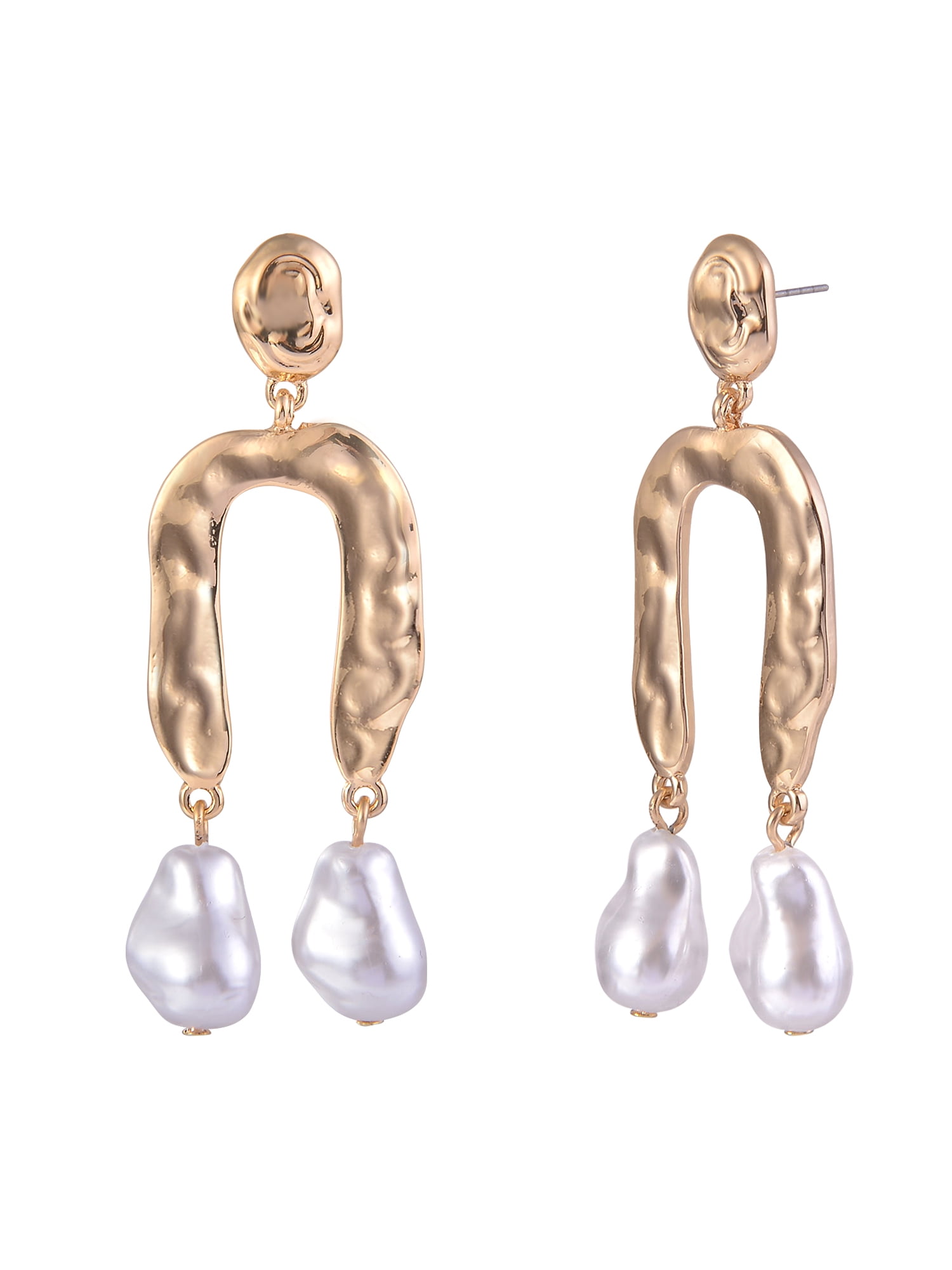 TIME AND TRU Women's Hammered Metal Acrylic Pearl Goldtone Post Drop Earrings