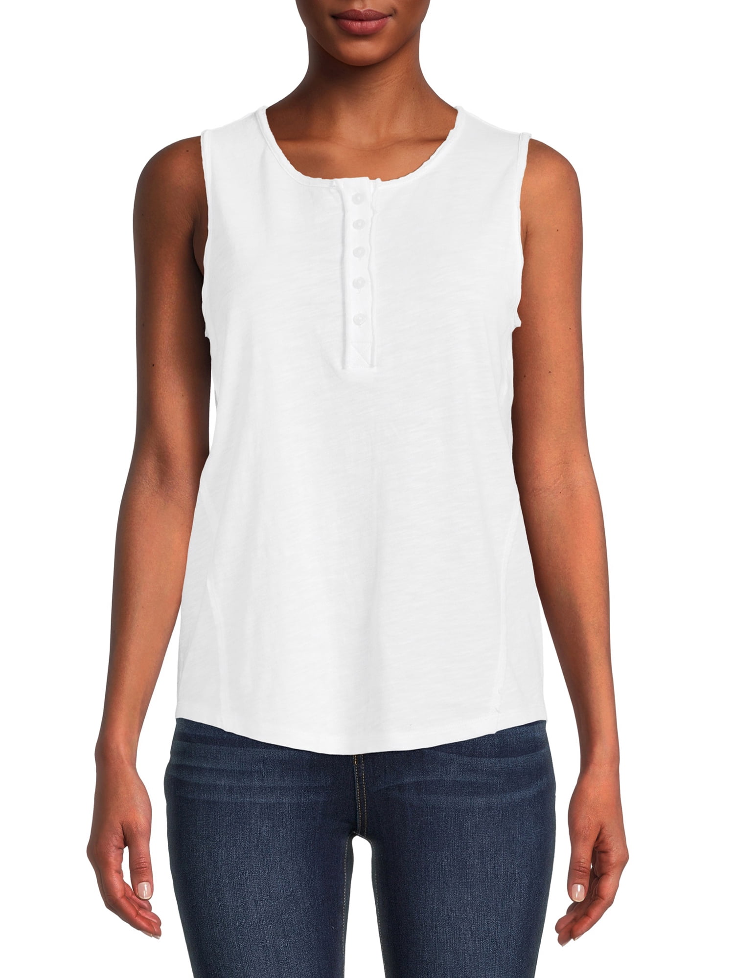 Time and Tru Women's Henley Tank Top with Fashion Raw Edge Detail