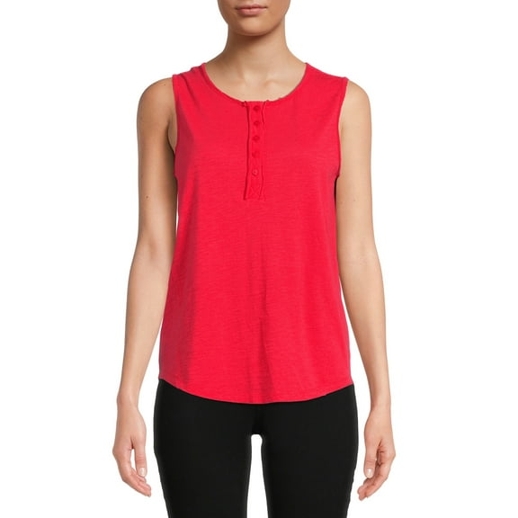 Time and Tru Women's Henley Tank Top with Fashion Raw Edge Detail