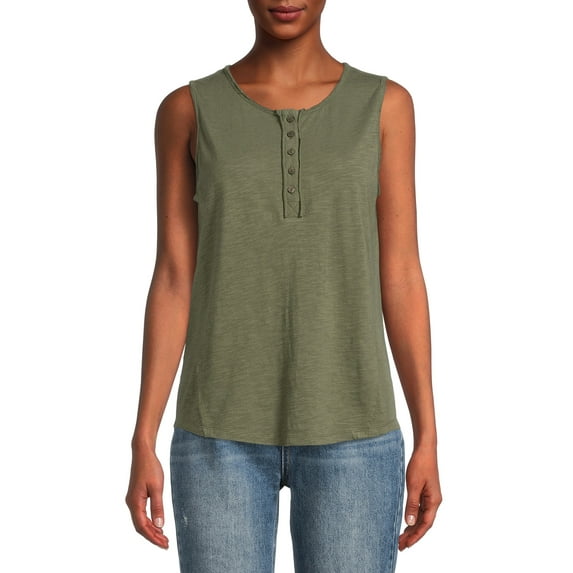 Time and Tru Women's Henley Tank Top with Fashion Raw Edge Detail