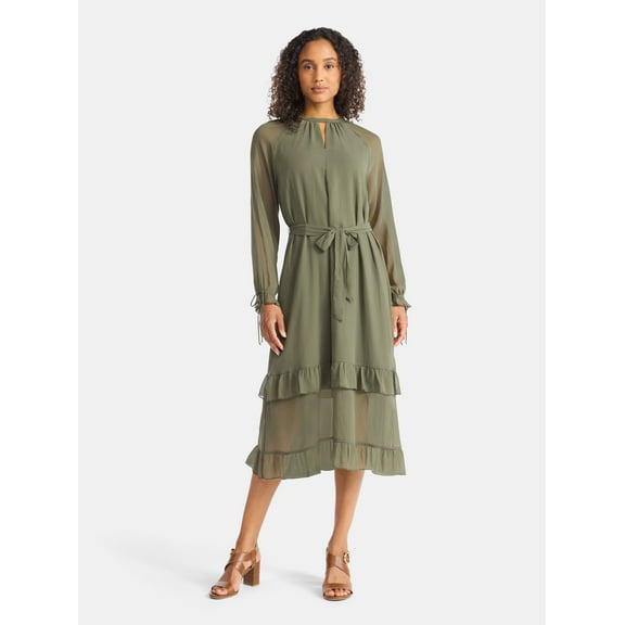 Time and Tru Women's High Neck Tiered Midi Dress, Sizes XS-XXXL