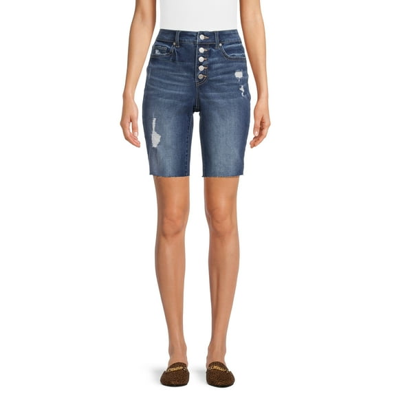 Time and Tru Women's High Rise Button Fly Denim Bermuda Short