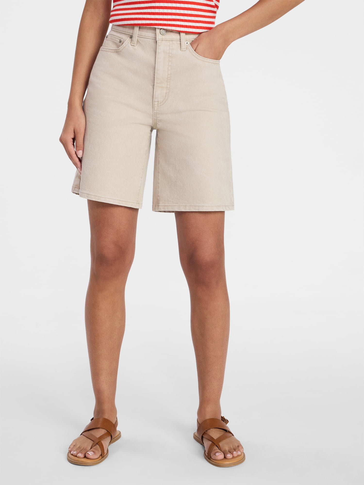 Time and Tru Women's High Rise Denim Bermuda Shorts, 9" Inseam, Sizes 0 ...