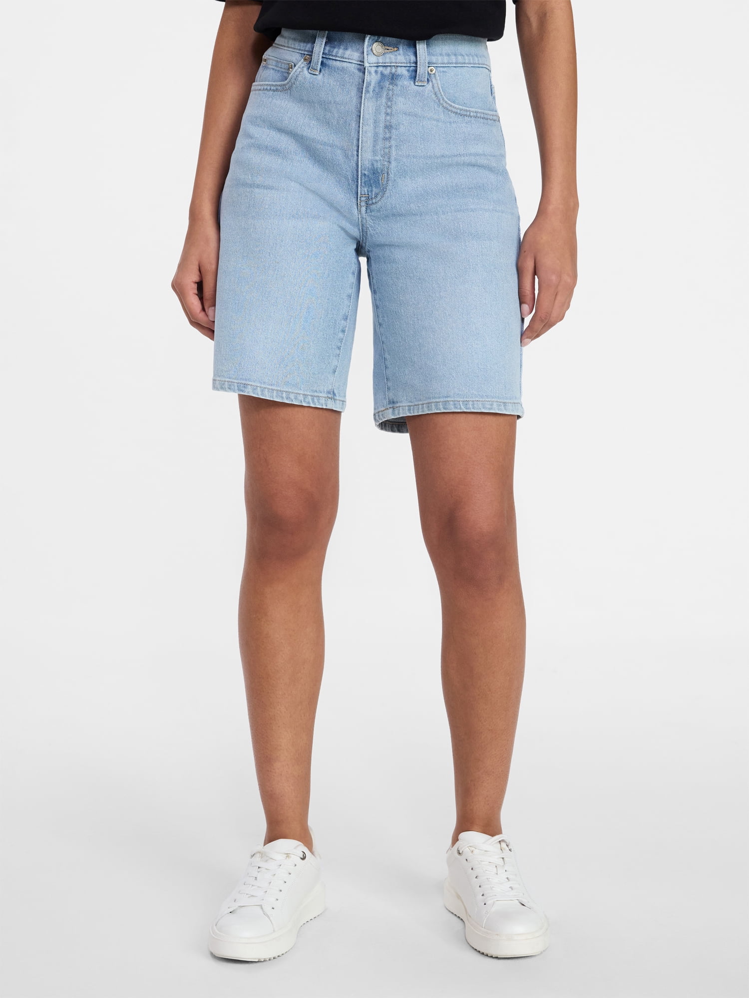 Time and Tru Women's High Rise Denim Bermuda Shorts, 9" Inseam, Sizes 0-22