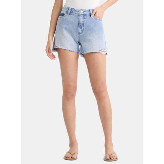 Time and Tru Women's Destructed Hem High Rise Denim Shorts, 4" Inseam, Sizes 0-20
