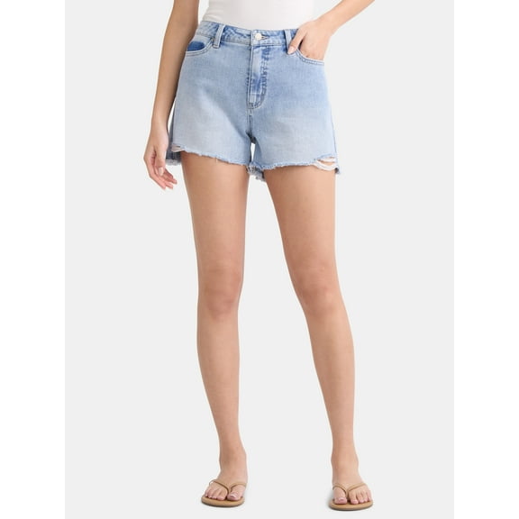 Time and Tru Women's Destructed Hem High Rise Denim Shorts, 4" Inseam, Sizes 0-20