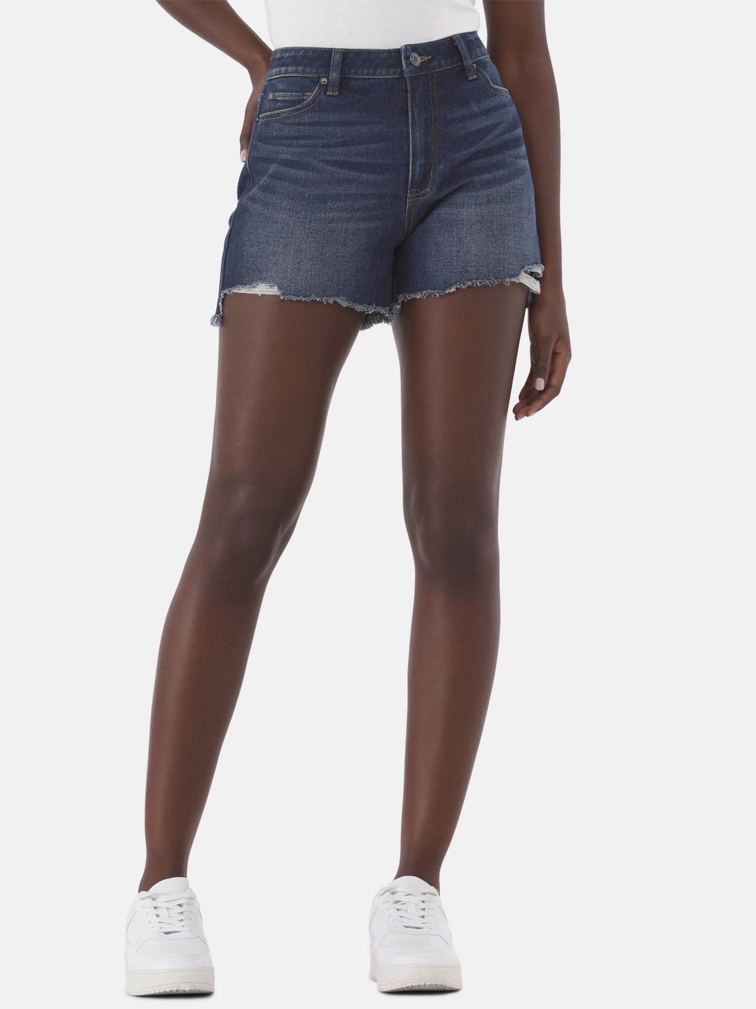 Time and Tru Women's Destructed Hem High Rise Denim Shorts, 4" Inseam, Sizes 0-20