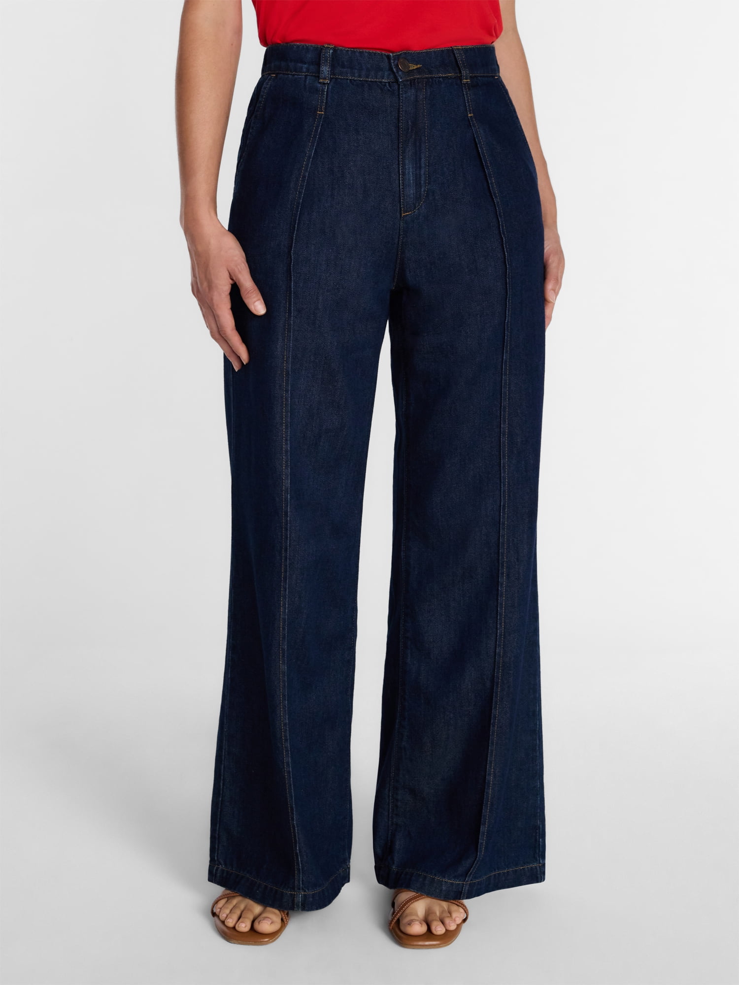 Time and Tru Women's High Rise Drapey Pleated Wide Leg Jeans, 30" Inseam, Sizes XS-XXXL