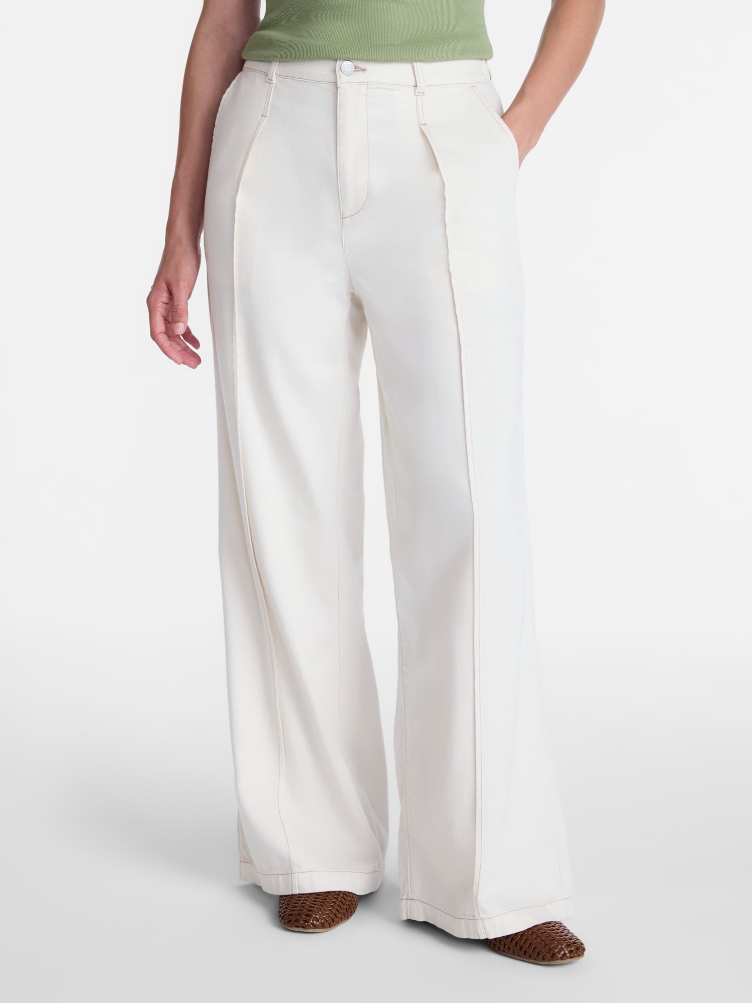Time and Tru Women's High Rise Drapey Pleated Wide Leg Jeans, 30" Inseam, Sizes XS-XXXL