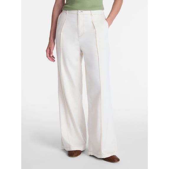 Time and Tru Women's High Rise Drapey Pleated Wide Leg Jeans, 30" Inseam, Sizes XS-XXXL