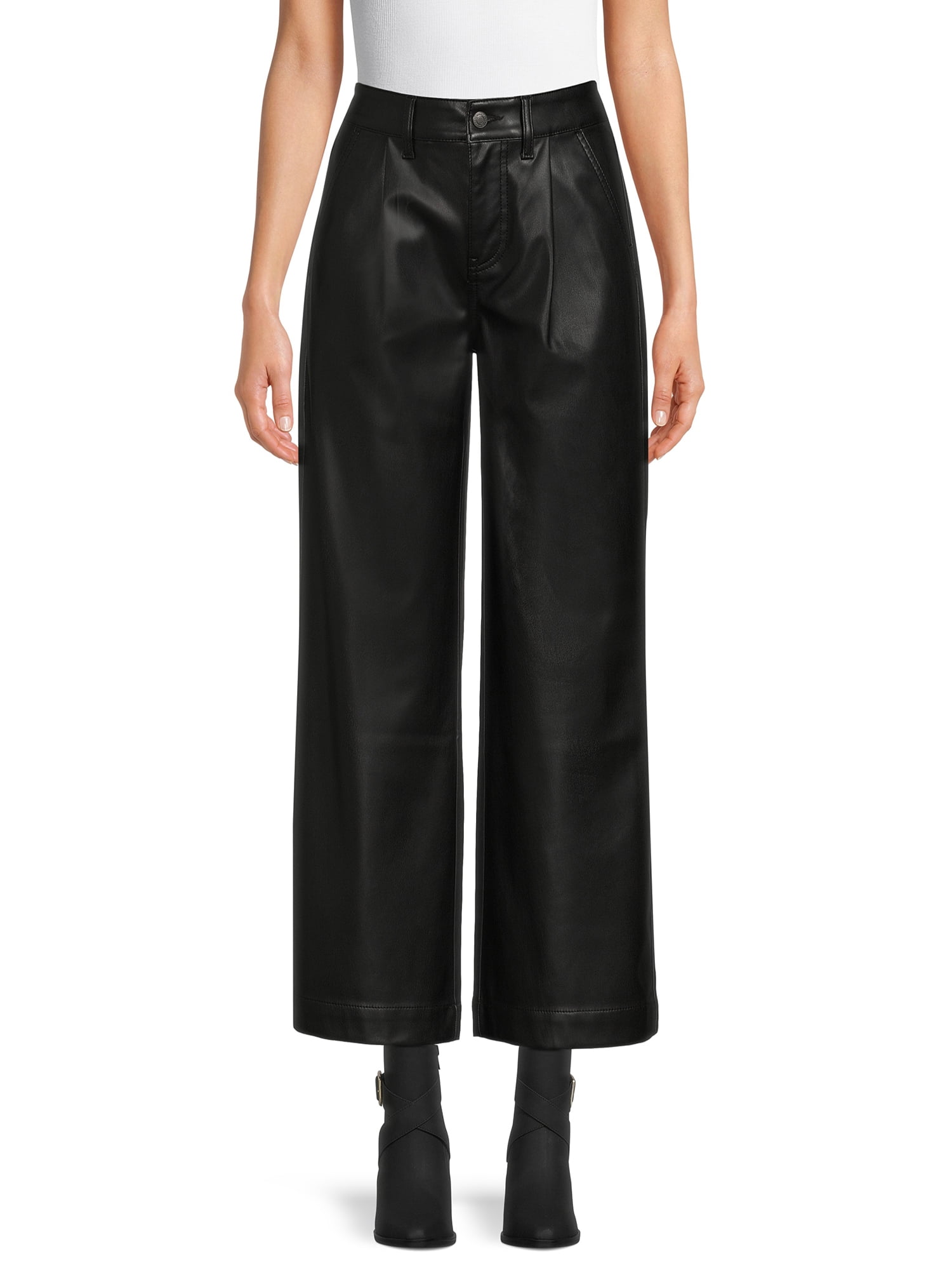 Time and Tru Women's High Rise Faux Leather Wide Leg Trousers – Regular,  Short, Long Inseams Available