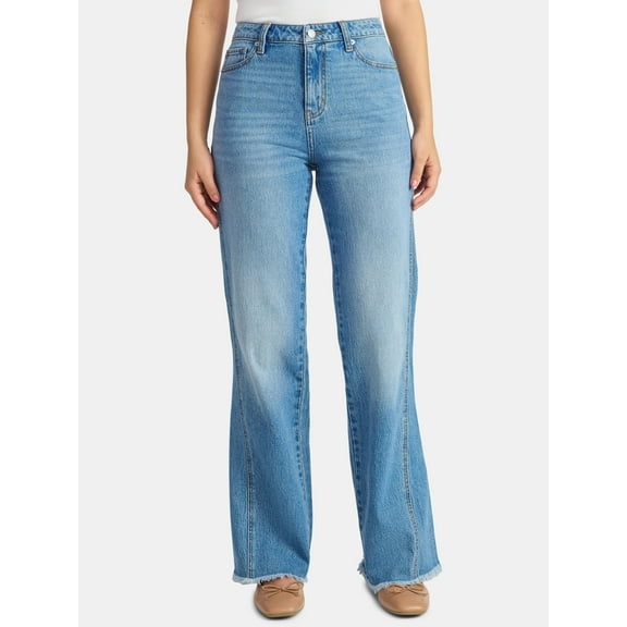 Time and Tru Women's High Rise Flare Jeans With Side Seam Details, 32" Inseam, Sizes 0-20