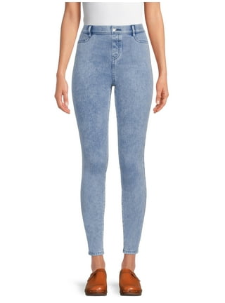 Capreze Women Jeggings Solid Color Leggings Tummy Control Faux Jeans Pant  Slim Fit Trousers Denim Print Fake Jean Light Blue M 