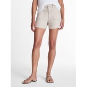 Women's High Rise Patch Pocket Denim Shorts, Tan Wash, 4 in Inseam, Sizes 0-20