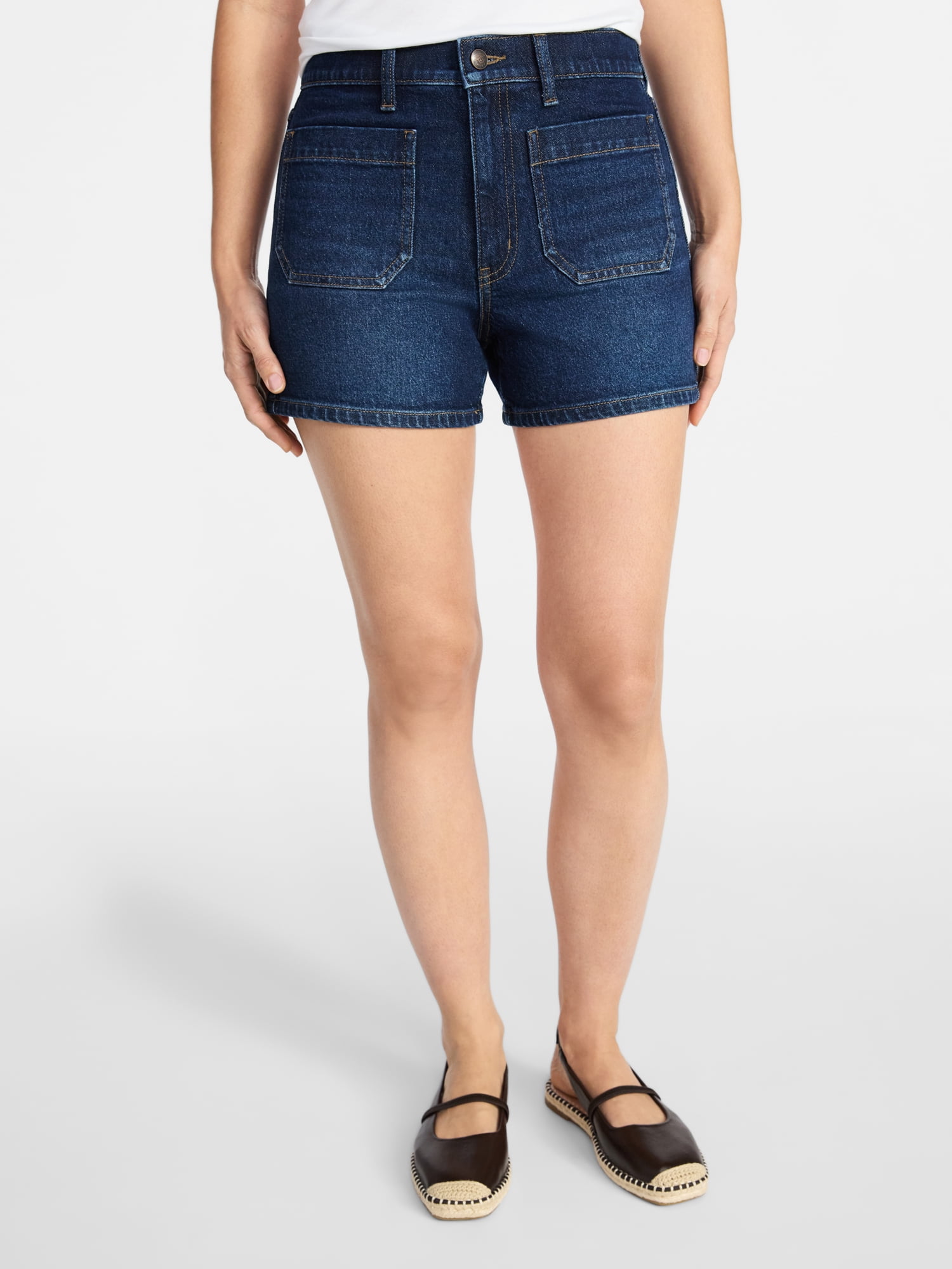 Time and Tru Women's High Rise Patch Pocket Denim Shorts, 4" Inseam, Sizes 0-20