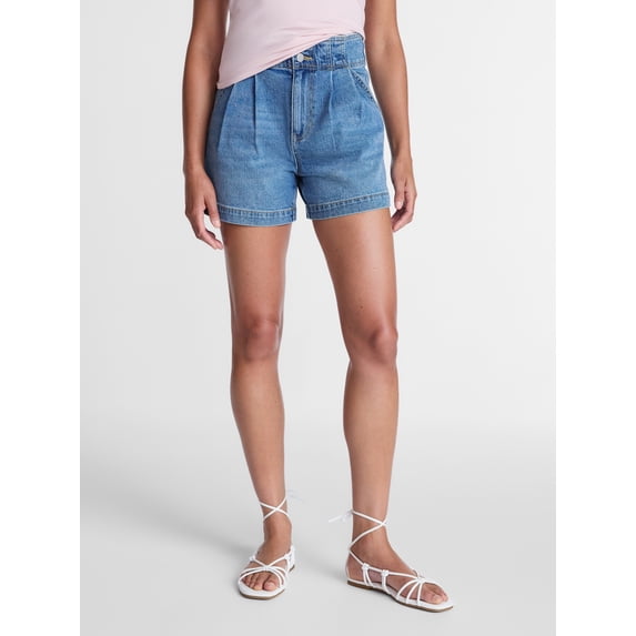 Time and Tru Women's High Rise Pleated Denim Shorts, 4.5" Inseam, Sizes 0-20