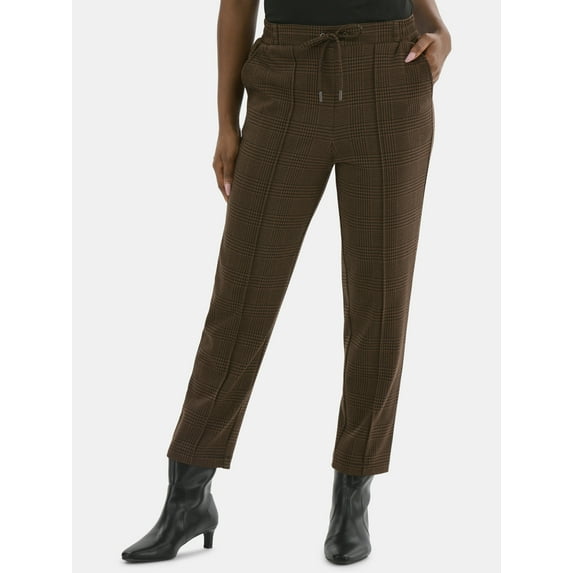Time and Tru Women's High Rise Tapered Drawstring Pants with Pintuck, 27" Inseam, Sizes XS-XXL