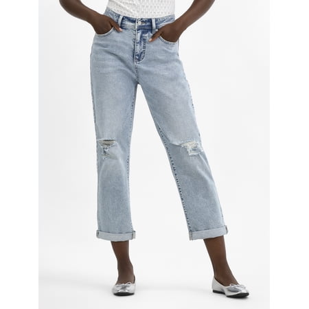 Time and Tru Women's and Women’s Plus High Rise Relaxed Boyfriend Jeans, Sizes 0-28W