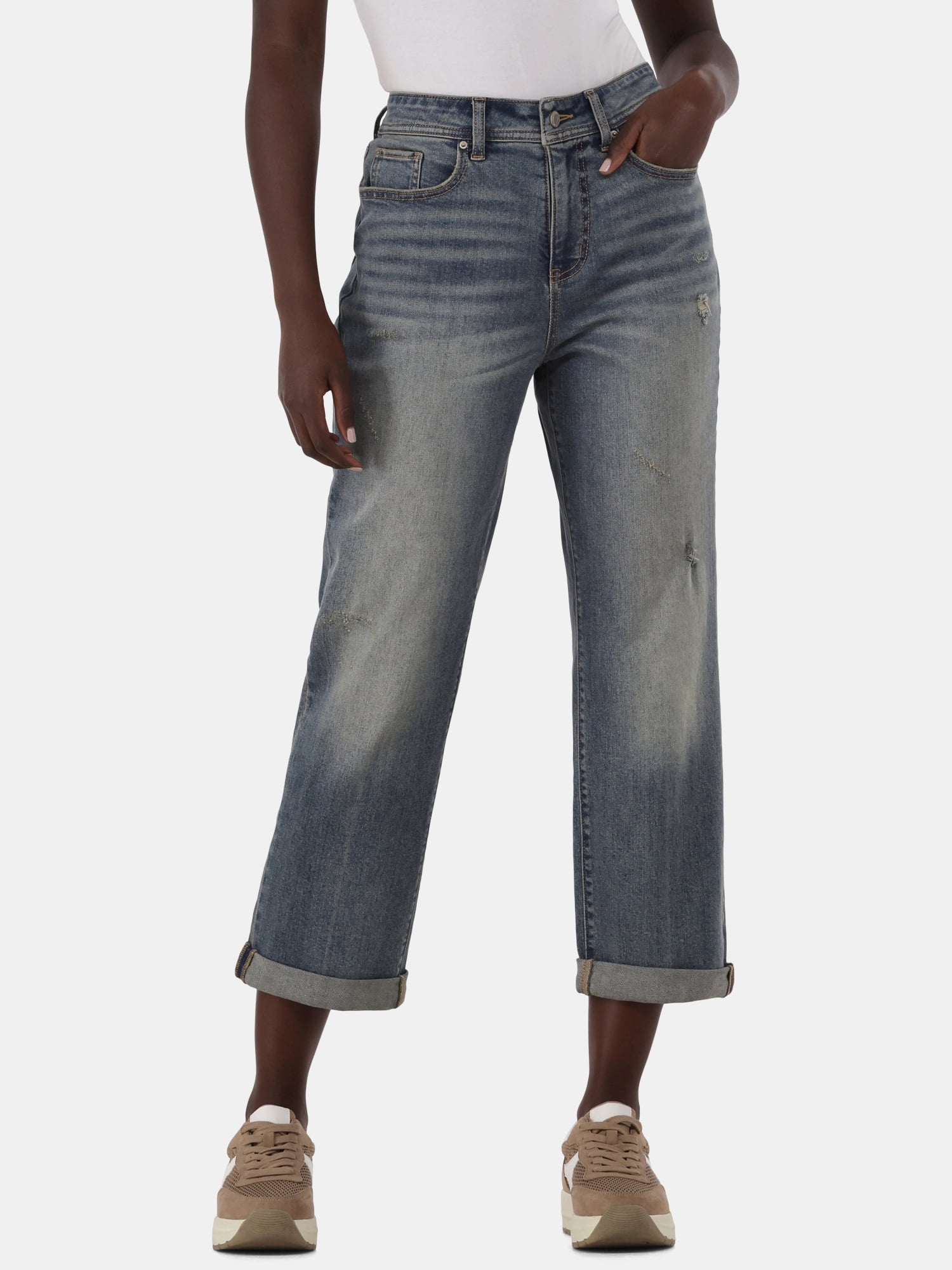 Time and Tru Women's High Rise Wide Leg Cropped Jeans, 26