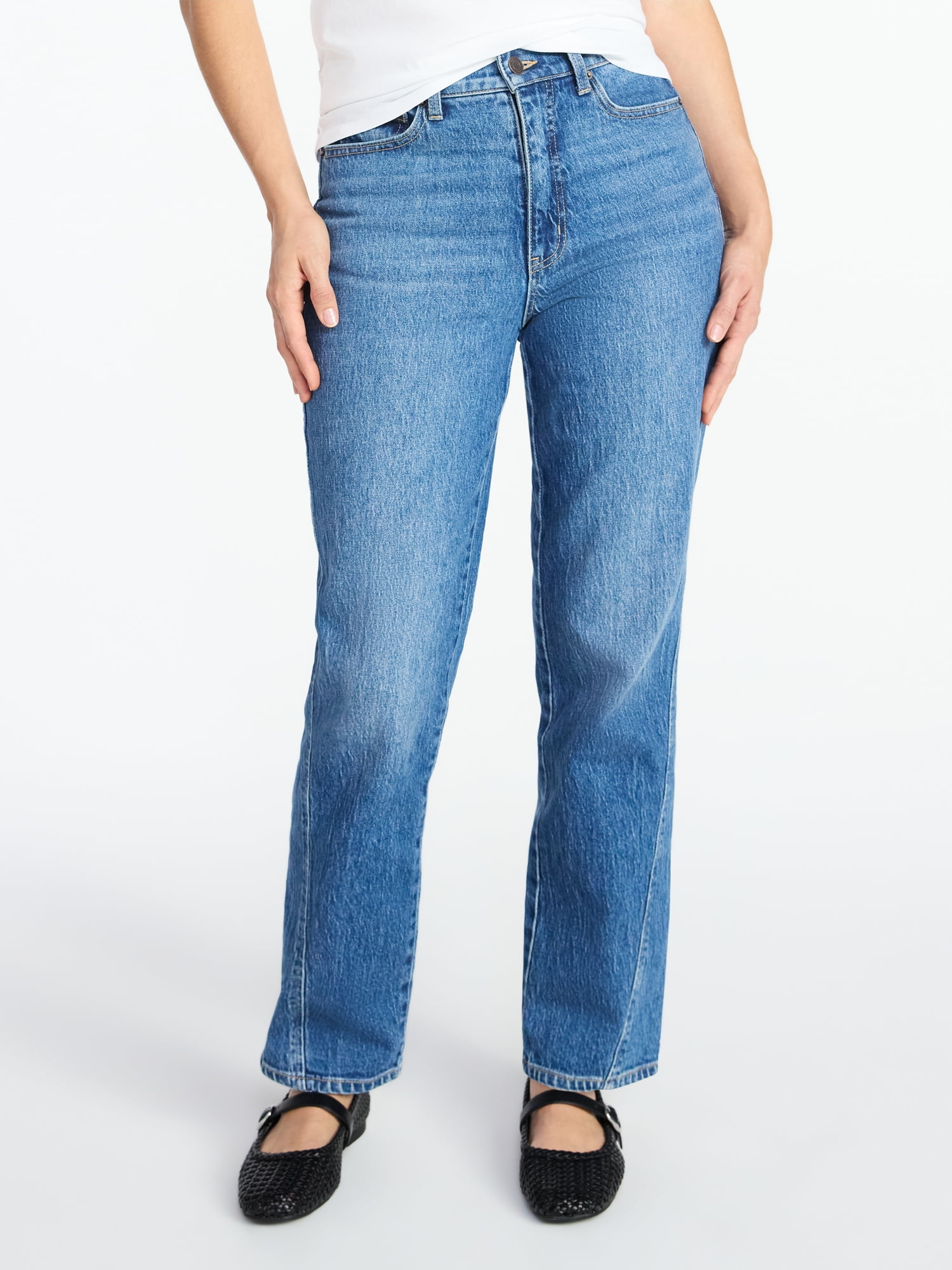 Time and Tru Women's High Rise Relaxed Straight Leg Jeans, 30" Inseam, Sizes 0-22