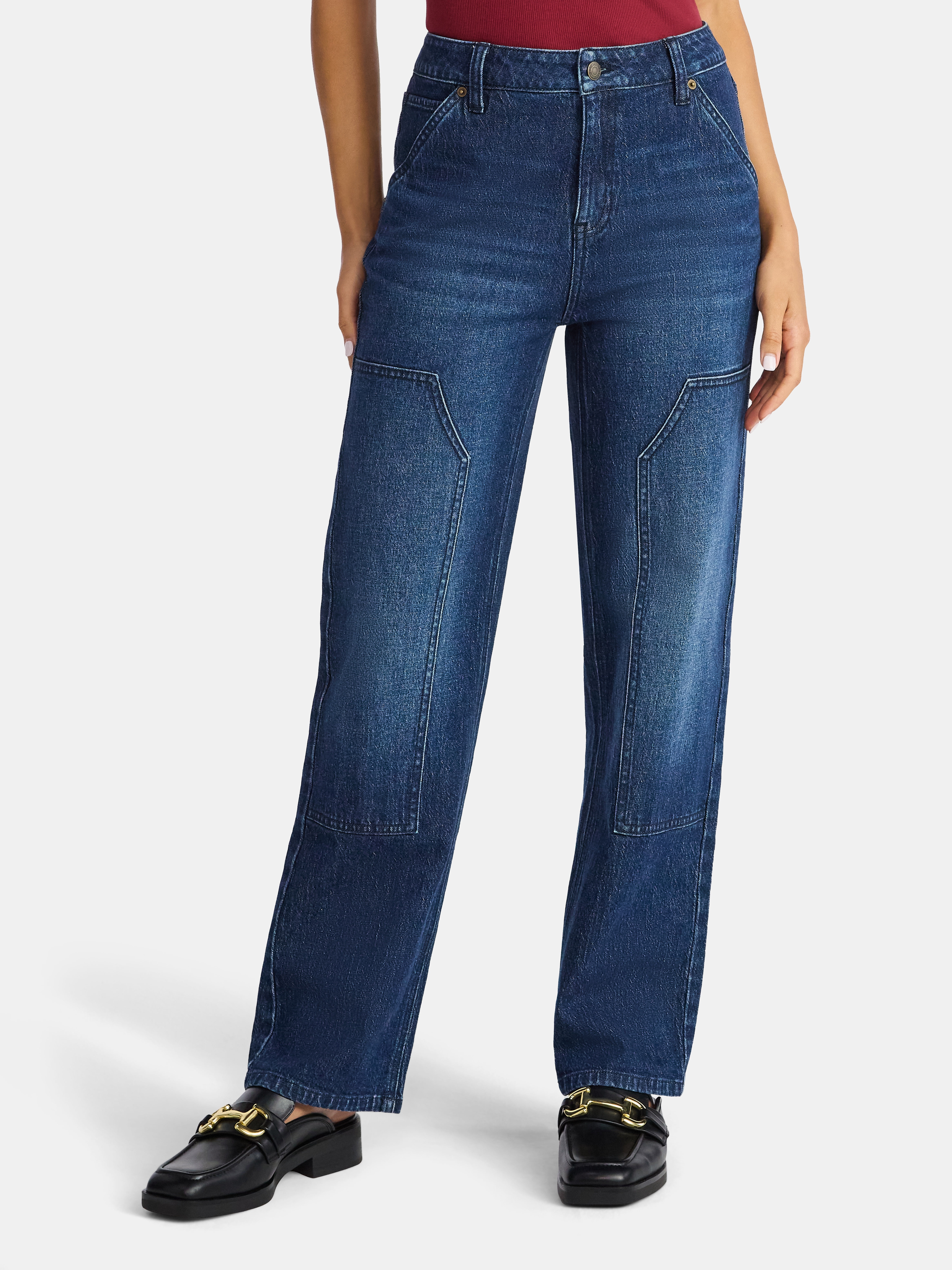 Time and Tru Women's High Rise Straight Jeans with Carpenter Details, 30" Inseam, Sizes 0-20