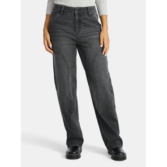 Time and Tru Women's High Rise Straight Jeans with Carpenter Details, 30" Inseam, Sizes 0-20