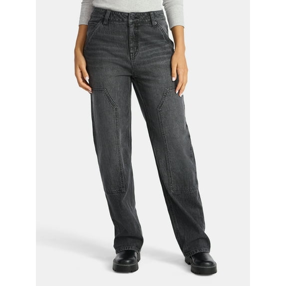 Time and Tru Women's High Rise Straight Jeans with Carpenter Details, 30" Inseam, Sizes 0-20