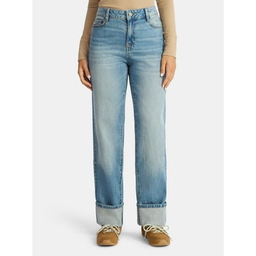 Time and Tru Women's High Rise Straight Jeans with Cuffs, 29" Inseam, Sizes 0-20