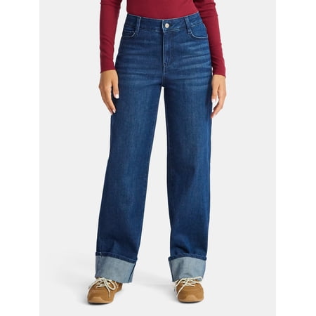 Time and Tru Women's High Rise Straight Jeans with Cuffs, 29" Inseam, Sizes 0-20