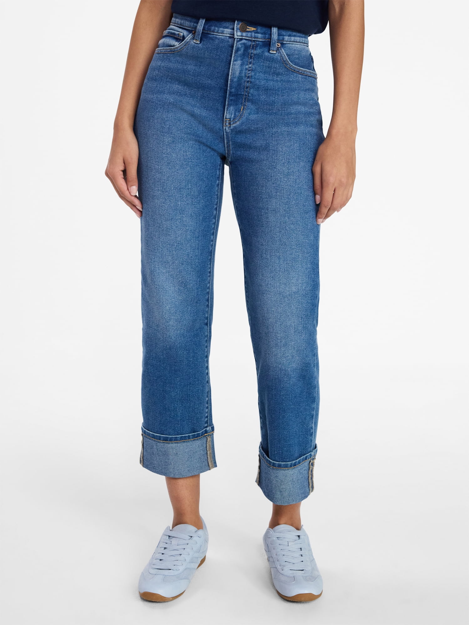 Time and Tru Women's High Rise Straight Leg Cropped Cuffed Jean, 26.5" Inseam, Sizes 0-22
