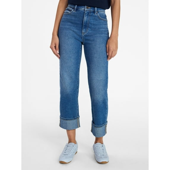 Time and Tru Women's High Rise Straight Leg Cropped Cuffed Jean, 26.5" Inseam, Sizes 0-22