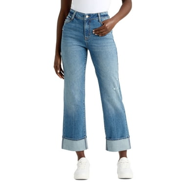 Time and Tru Women's High Rise Straight Leg Cuffed Jeans, 29" Inseam, Sizes 2-20