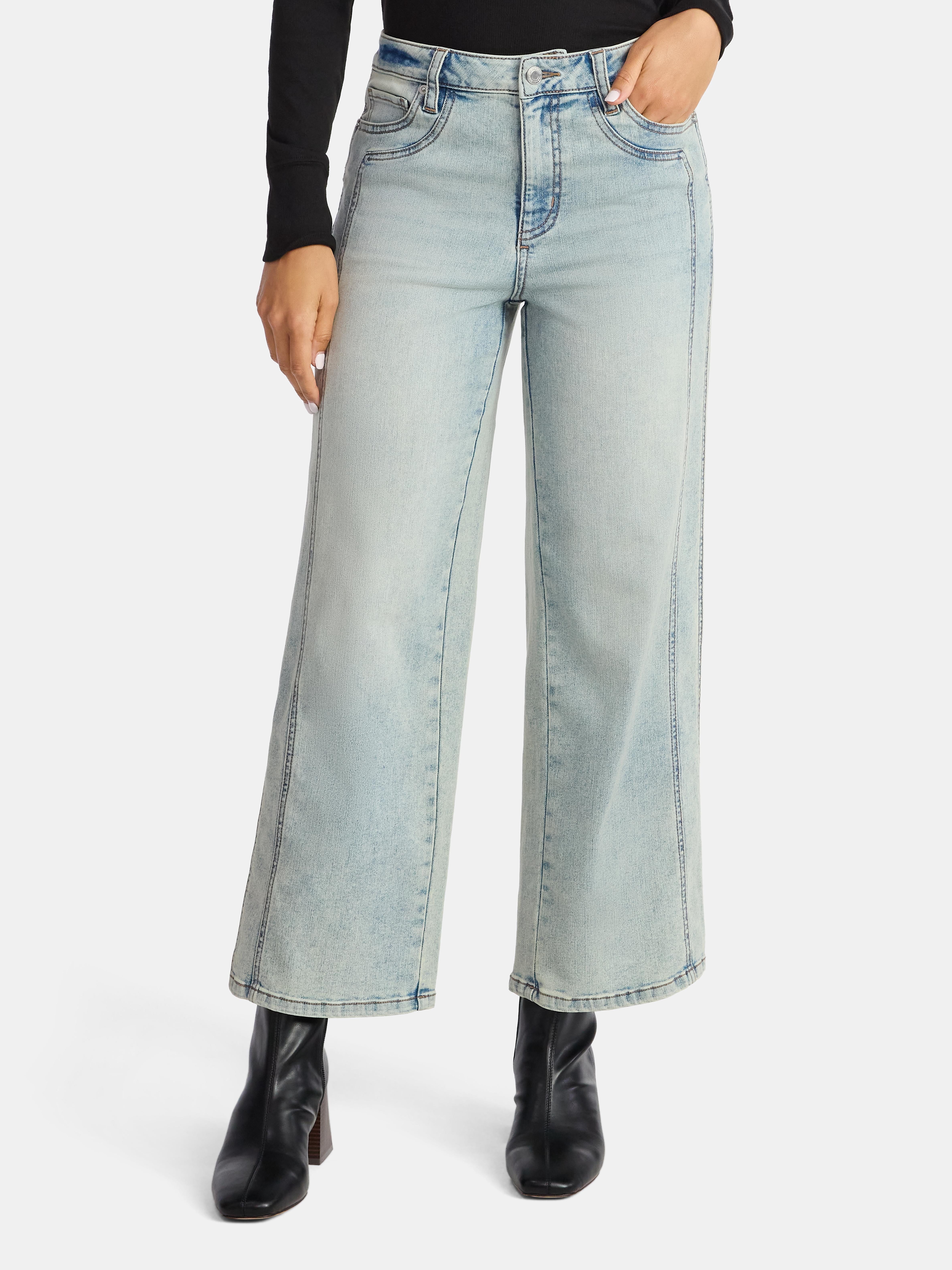 Time and Tru Women's High Rise Wide Leg Cropped Jeans with Side Seam Details, 27" Inseam, Sizes 0-20